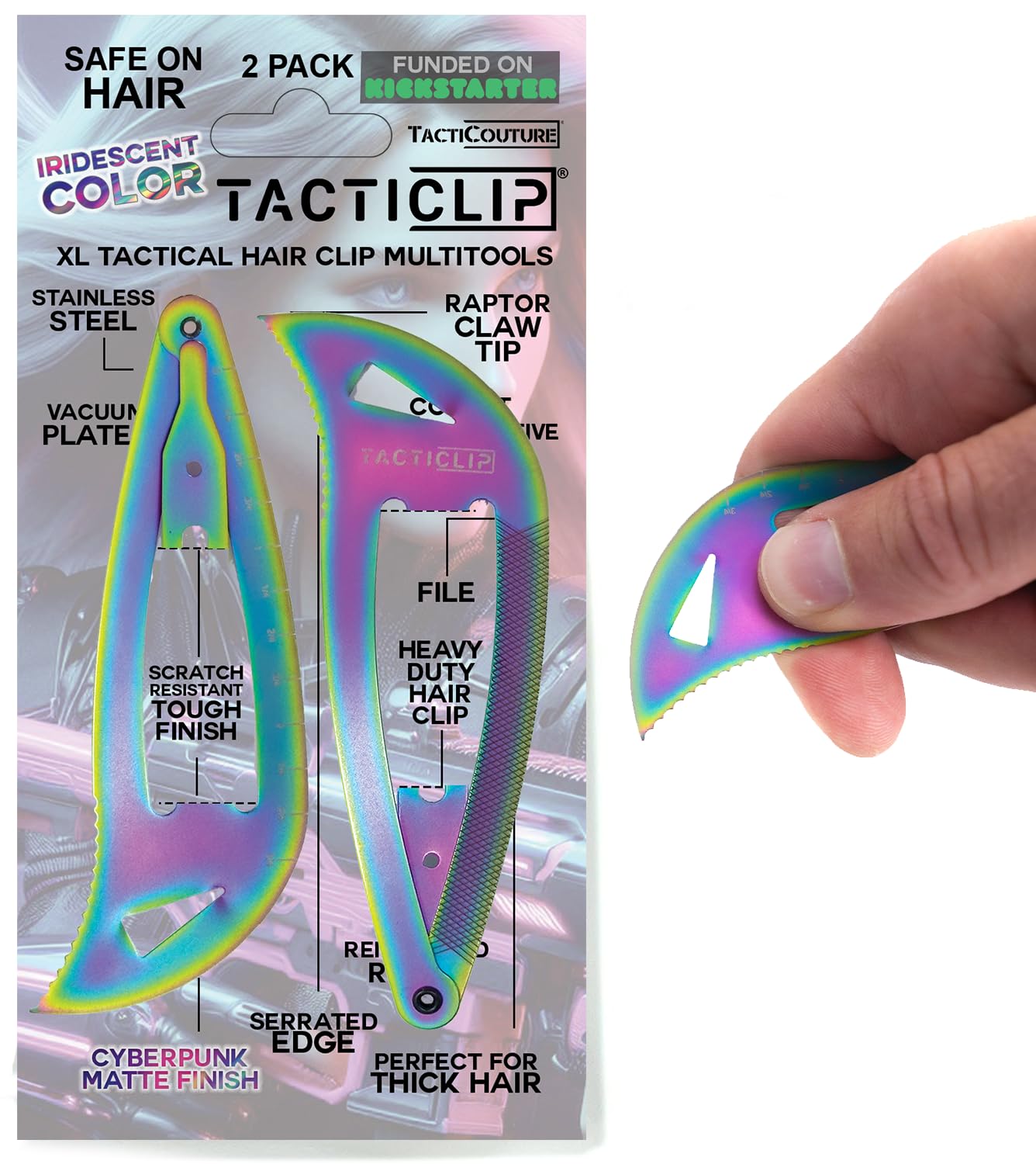 Tacticlip: Cyberpunk XL Snap Hair Clip Multitool in Iridescent