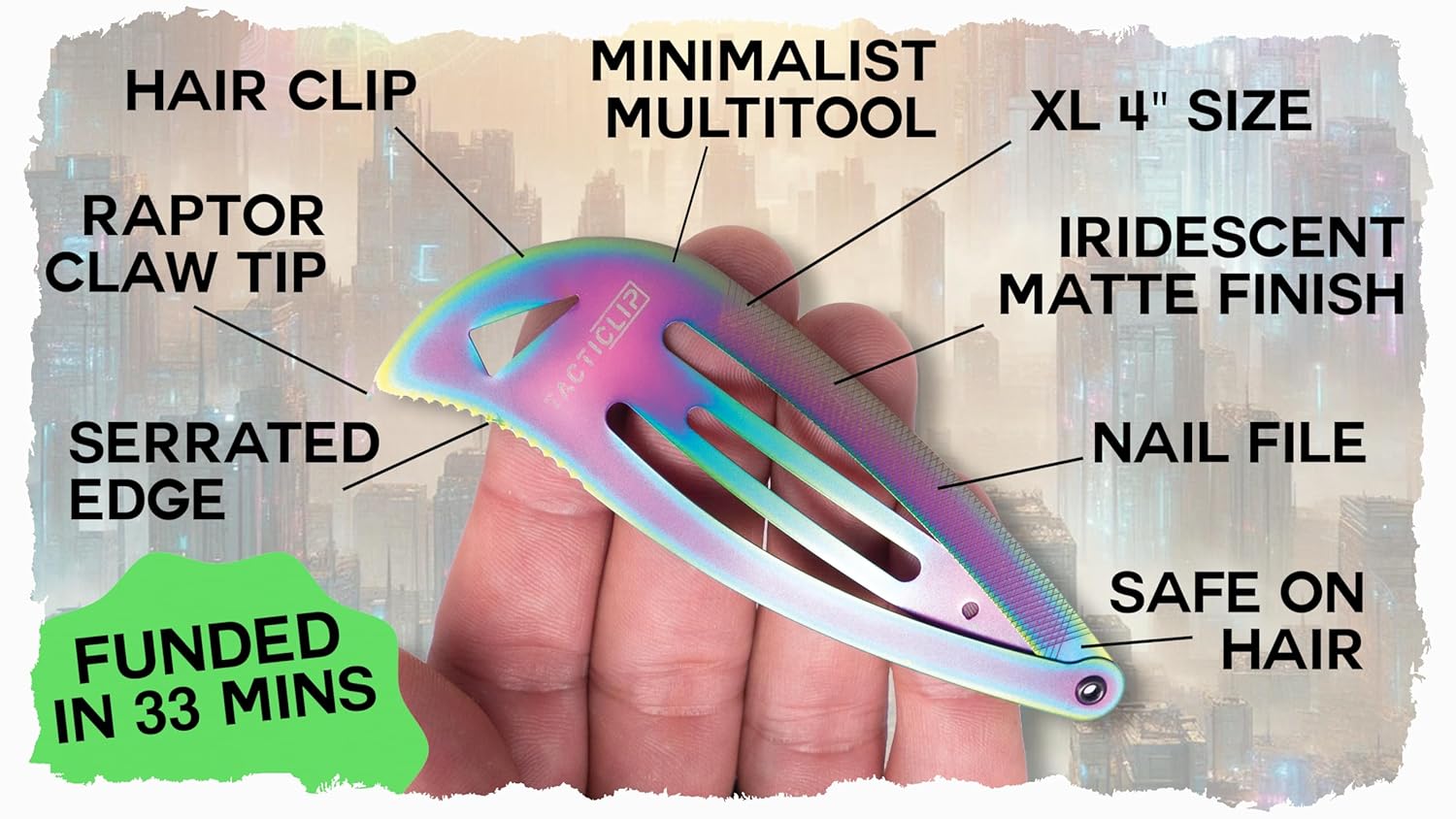 Tacticlip: Cyberpunk XL Snap Hair Clip Multitool in Iridescent