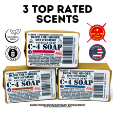 Load image into Gallery viewer, C4 SOAP Natural Bar Soap for Men + Warriors · No Harsh Chemicals · Citrus Flash Bang, Typhoon Blast, &amp; Tropic Thunder · Handmade in USA · Hidden Prize in Every Bar (4.5-5 oz/bar, 3-Pack)
