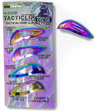 Load image into Gallery viewer, Tacticlips® Iridescent Tactical Hair Clips 1.0 - 4 Pack - Multitool Snap Barrettes - Stainless Steel Multi-Functional Keychain Multi Tool - Box Cutter, Serrated Edge, Raptor Claw - Kippah Tacticlips

