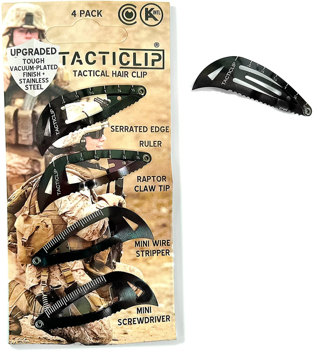 Tacticlip® in Tactical Black - Multitool Tactical Hair Clip - Stainless Steel Electro-vacuum Plated Tough Finish (Black)